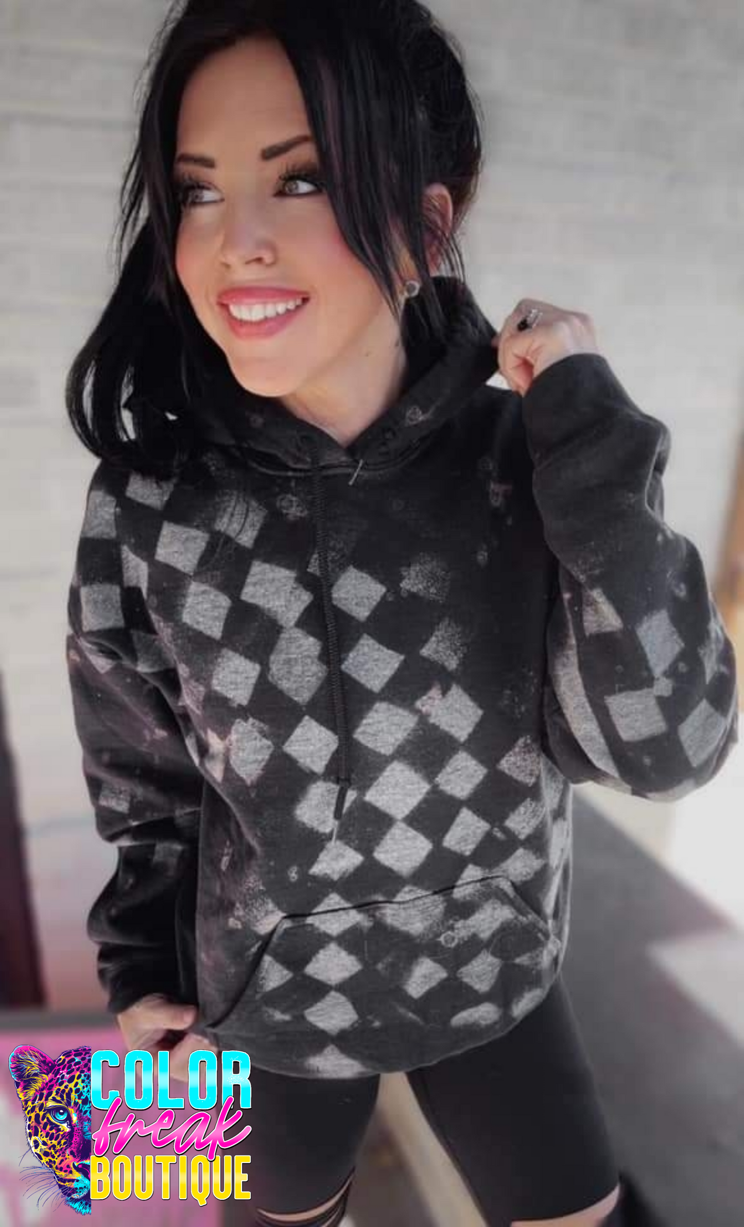 Checkered Black Acid Wash - Hoodie