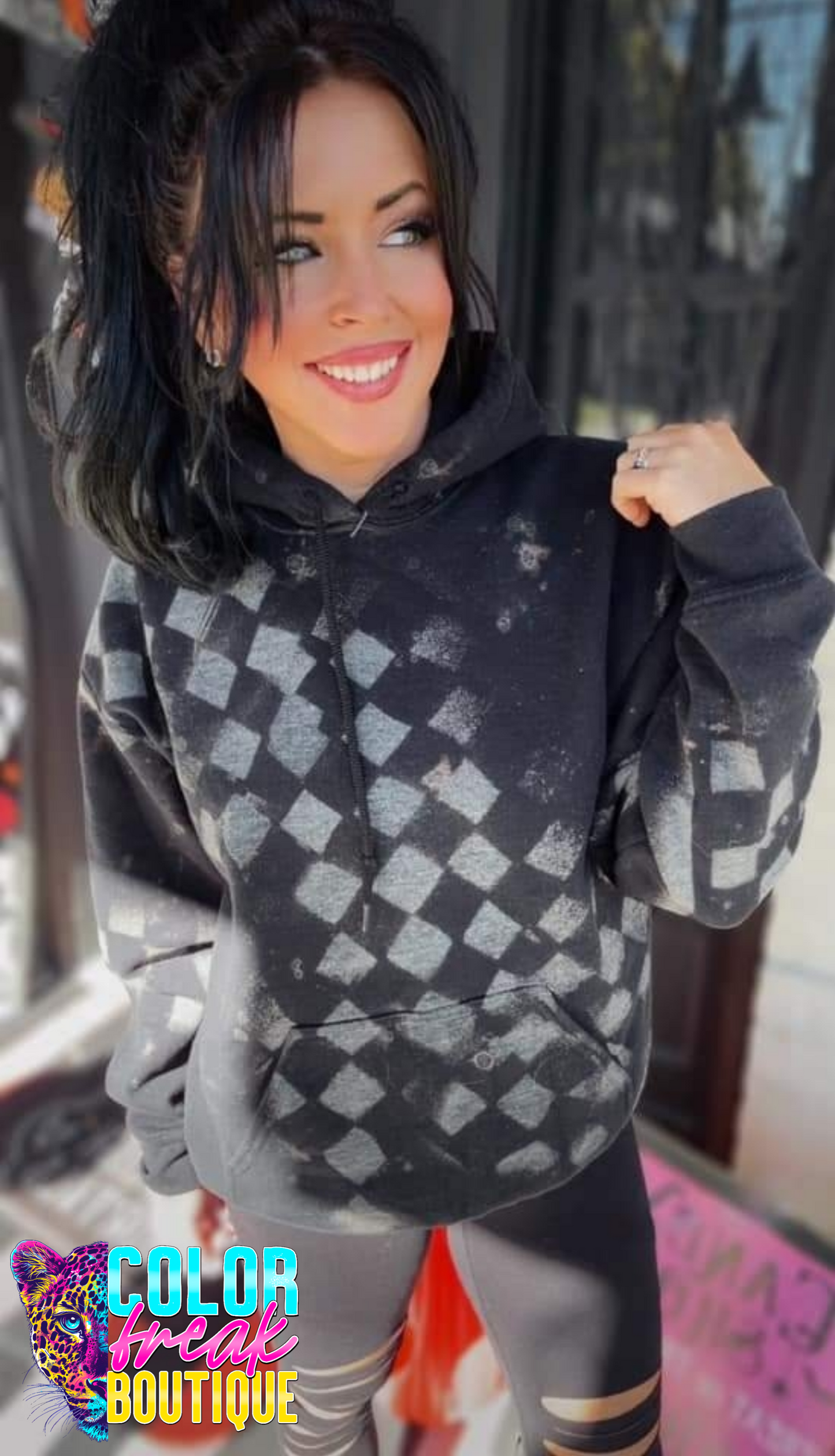 Checkered Black Acid Wash - Hoodie