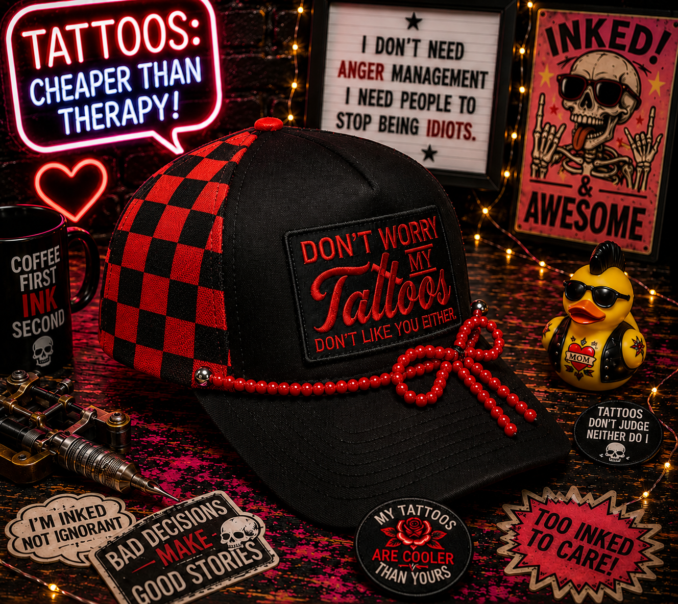 Don’t Worry My Tattoos Don’t Like You Either Checkered Trucker Hat 🖤❤️🔥