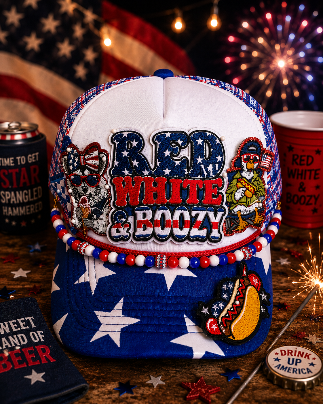 Red, White & Boozy Patriotic Trucker Hat 🇺🇸🍻🌭✨