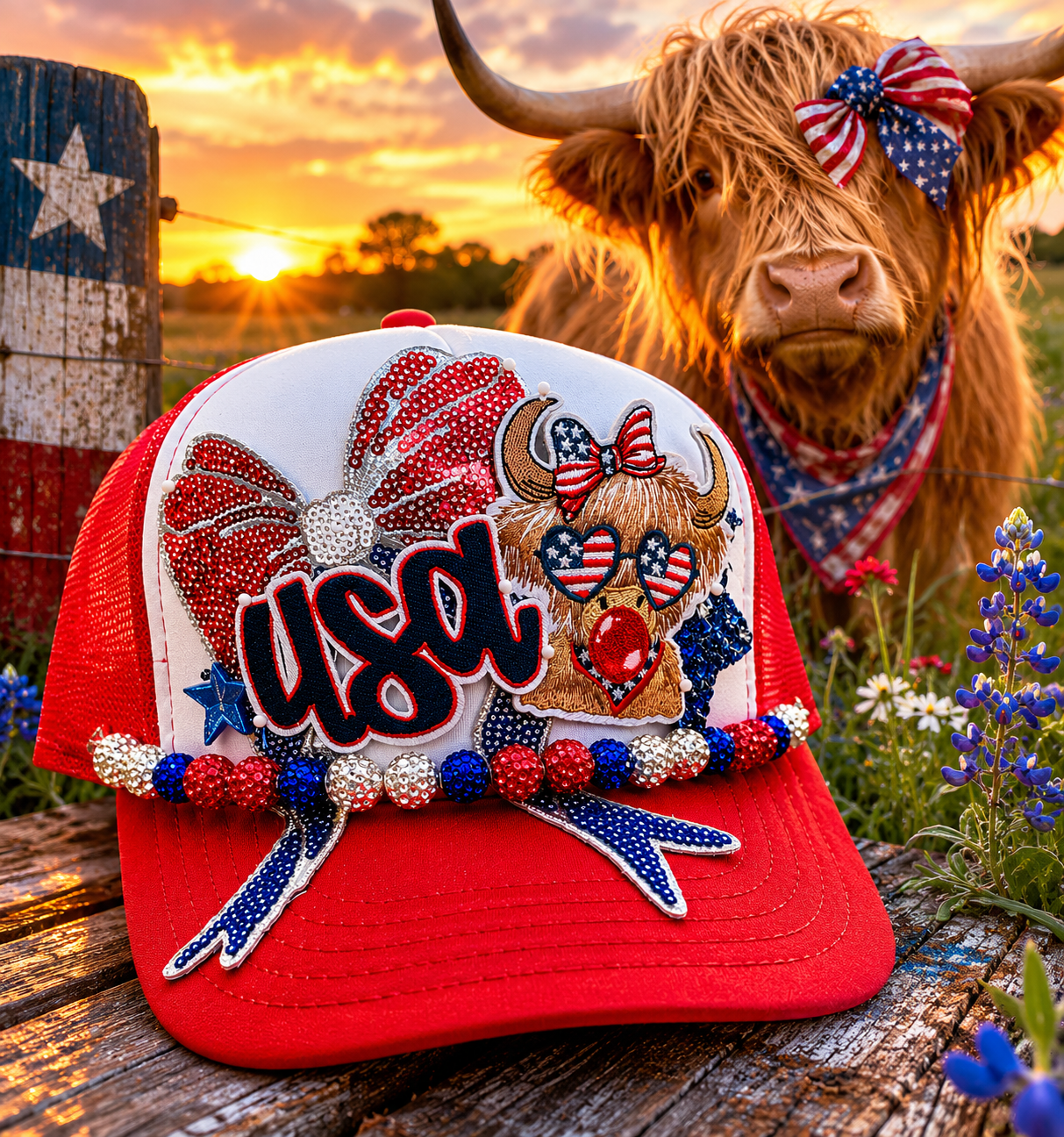 USA Highland Cow Patriotic Trucker Hat 🇺🇸🐮✨